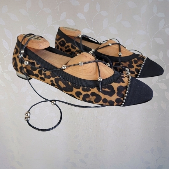 Aquazzura Leopard Print Ballet Flats - Suede Lace Up Ballerina Style 38.5 - Picture 2 of 16